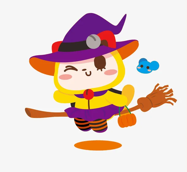 万圣节骑着扫把的魔女免抠