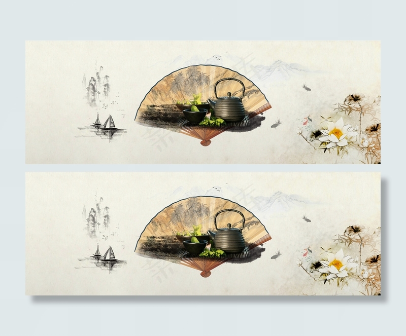 淘宝茶叶茶文化中国风山水画扇子背景banner高清