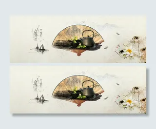 淘宝茶叶茶文化中国风山水画扇子背景banner高清