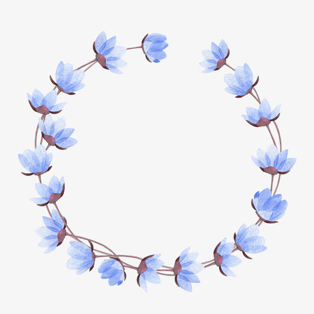 手绘蓝色花朵花环免抠