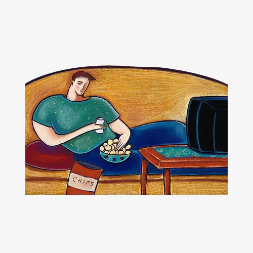 手绘男人躺沙发上吃薯片看电视免抠