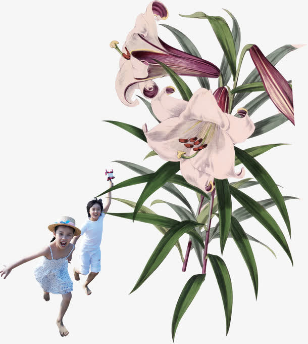 植物奔跑小孩儿童花免抠