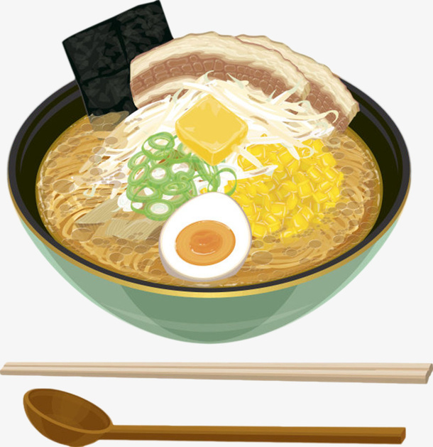 汤勺木筷和一碗鸡蛋青葱汤面卡通免抠
