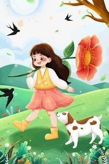 女孩与狗踏青立春免抠