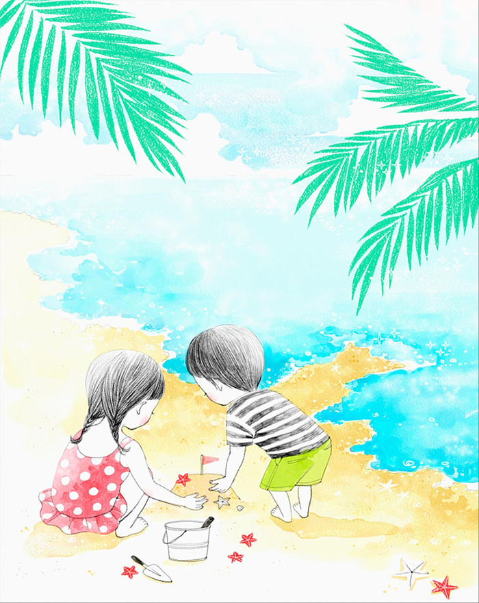 儿童海滩边玩背景素材高清
