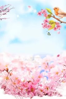 唯美手绘桃花节花鸟春天背景高清