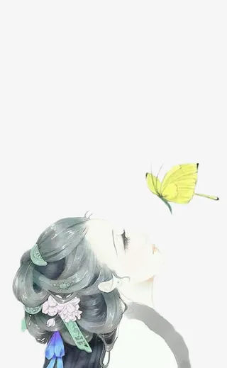 仰望蝴蝶的美女古风手绘免抠
