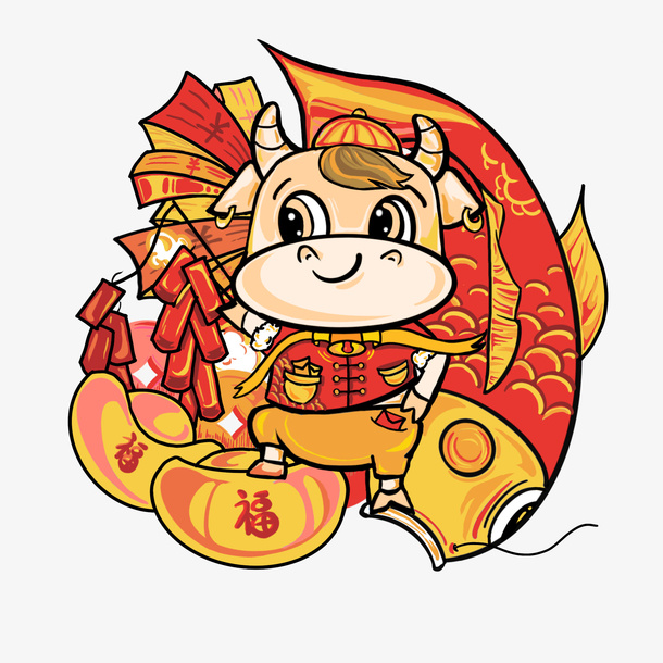 手绘卡通生肖牛年新年喜庆福牛插画元素免抠