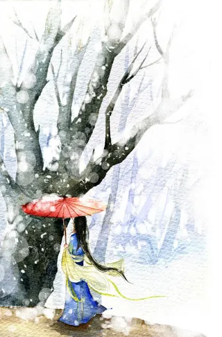 水彩古风忧郁插画免抠