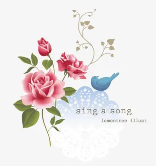 卡通月季花鸟白色圆形镂空底纹免抠