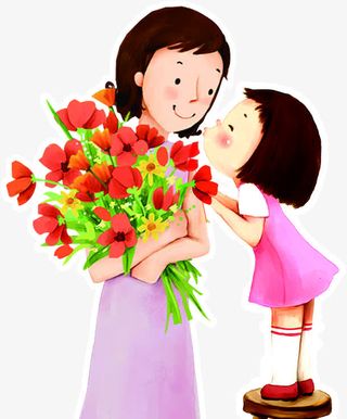 可爱亲吻儿童母女花束免抠