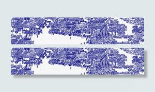 矢量蓝色清明上河图剪纸艺术免抠