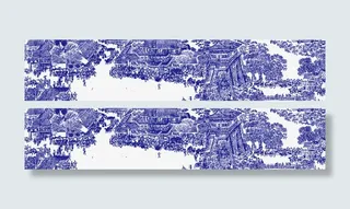 矢量蓝色清明上河图剪纸艺术免抠