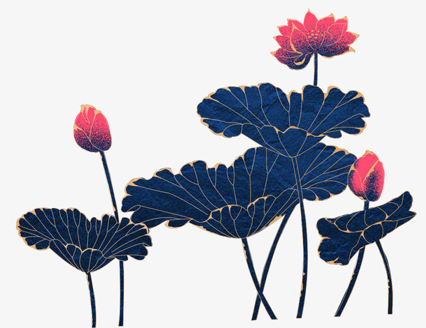中式金色描边蓝色莲花荷叶免抠