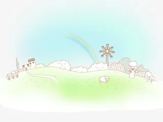 手绘彩虹下的城市免抠