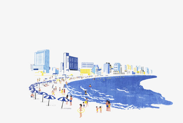 海滨城市手绘水彩画免抠