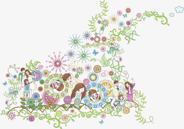 手绘创意家人装饰春天免抠