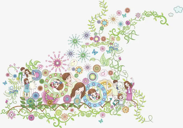 手绘创意家人装饰春天免抠