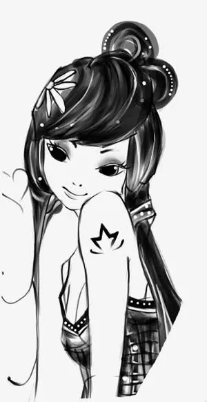 手绘黑色中国风美女免抠