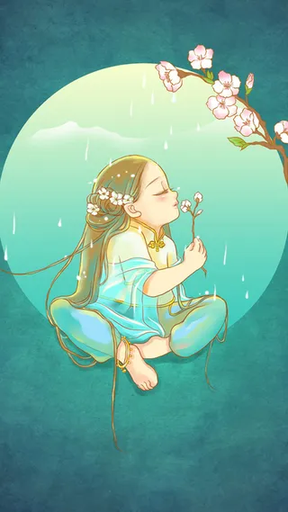 清明节女孩蓝色纹理背景H5背景素材高清