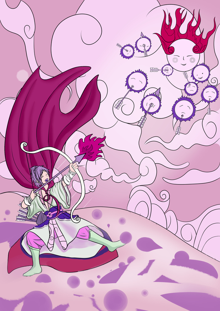 紫色迷幻卡通神话后羿射日高清