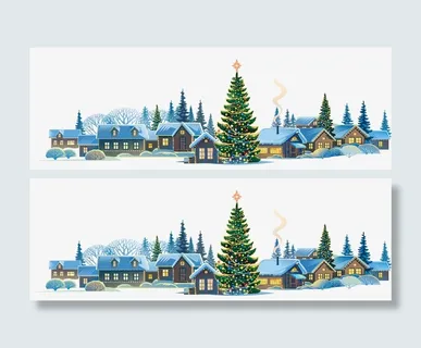 卡通雪景楼房圣诞树免抠