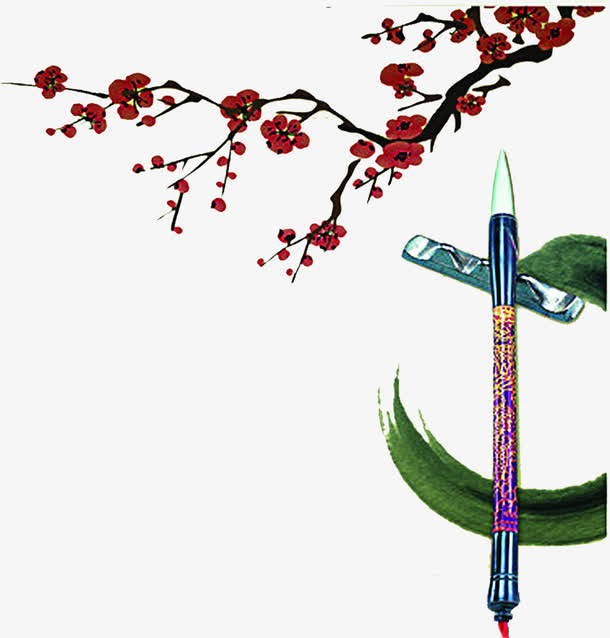 手绘梅花毛笔装饰免抠