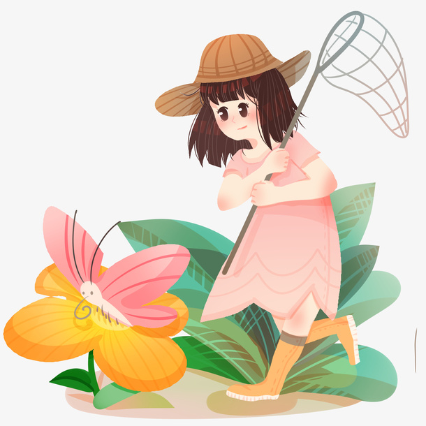 春天女孩花朵捉蝴蝶免抠手绘/卡通手绘元素