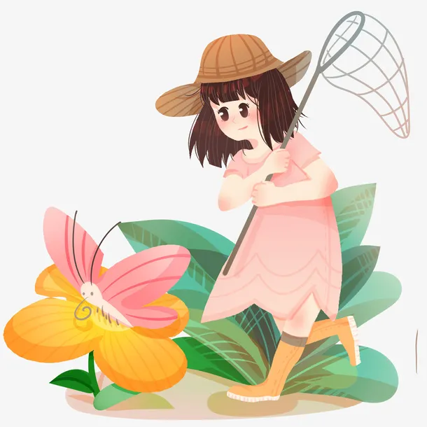 春天女孩花朵捉蝴蝶免抠手绘/卡通手绘元素