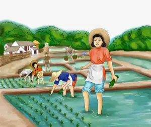 卡通手绘插秧的人物免抠