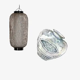 上海滩木竹编织的灯笼和青花瓷瓶免抠