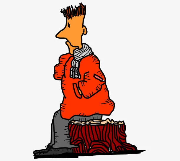 卡通手绘思考坐树头男人免抠