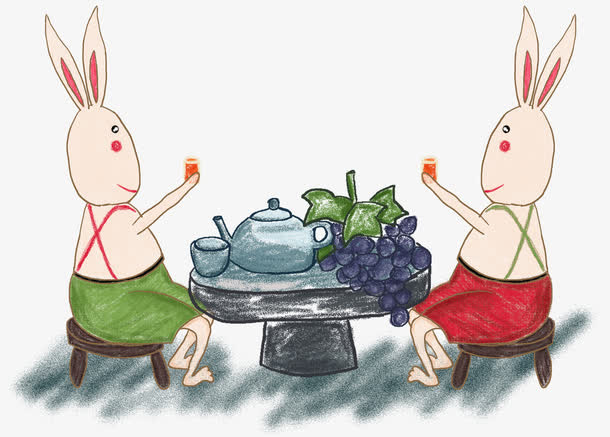卡通手绘对饮的兔子免抠