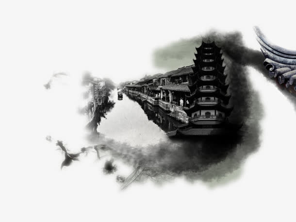 屋角上的墨水画图片素材免抠