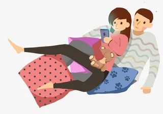 手绘人物插图居家依偎一起看手机免抠