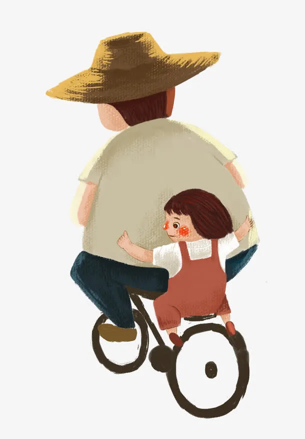 手绘人物插图父亲节骑车带着女孩免抠