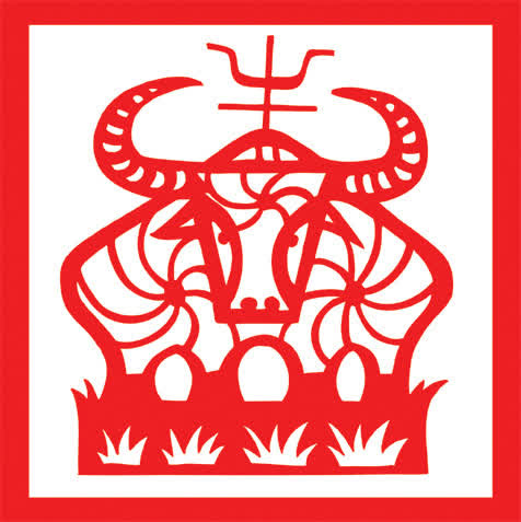 手绘红色剪纸小牛免抠