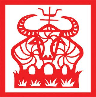 手绘红色剪纸小牛免抠