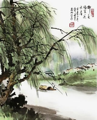 江南柳树水墨画免抠