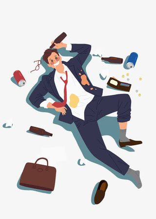手绘喝醉的商务男士躺在地上免抠