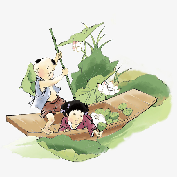 国画水墨儿童采莲免抠