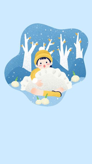 饺子树枝雪山落叶冬季冬天蓝色插画高清
