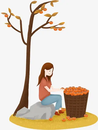 手绘秋天柿子女孩免抠