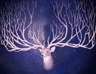 蓝色星空里手绘小鹿免抠