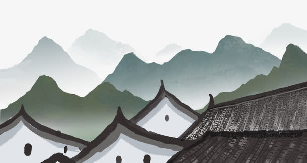 水墨中国画乡村城镇装饰插图免抠
