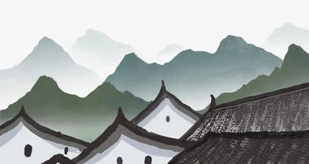 水墨中国画乡村城镇装饰插图免抠