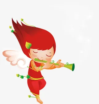 红色手绘春天吹笛子女孩免抠