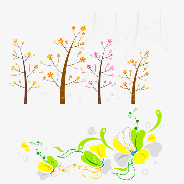 四只大树和鲜花图案免抠