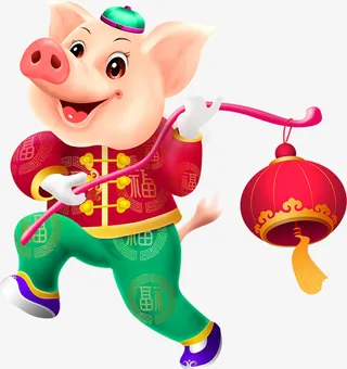 手提灯笼的卡通小猪PSD素材免抠
