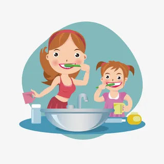 母女刷牙卡通人物免抠